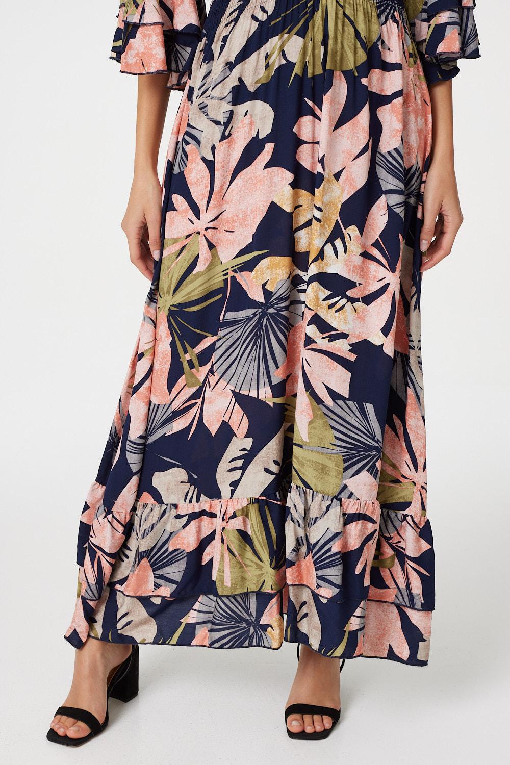 Navy | Leaf Print Ruffle Maxi Dress