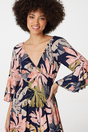 Navy | Leaf Print Ruffle Maxi Dress