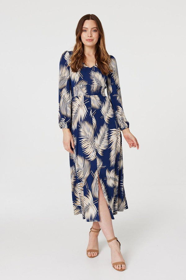 Navy | Feather Print Split Front Dress