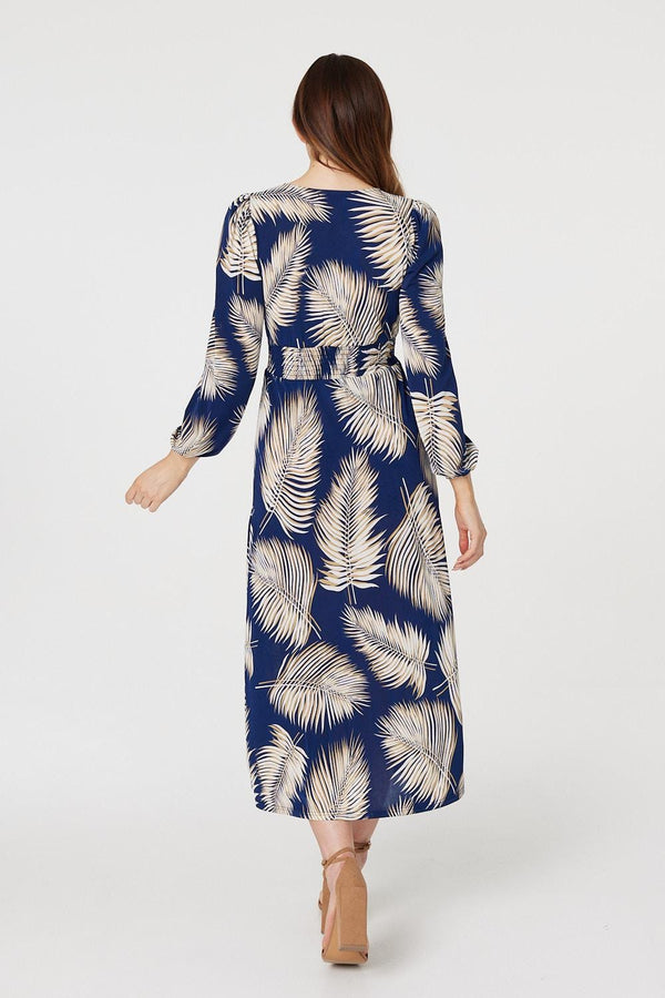 Navy | Feather Print Split Front Dress