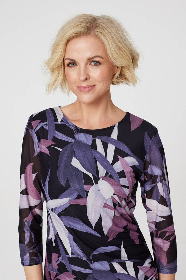 Black | Leaf Print Fitted Midi Dress