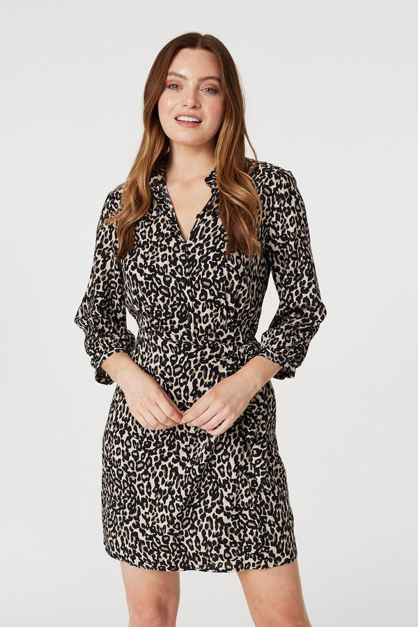 Beige | Leopard Print Wrap Shirt Dress : Model is 5'9"/175 cm and wears UK8/EU36/US4/AUS8