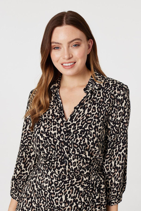 Beige | Leopard Print Wrap Shirt Dress