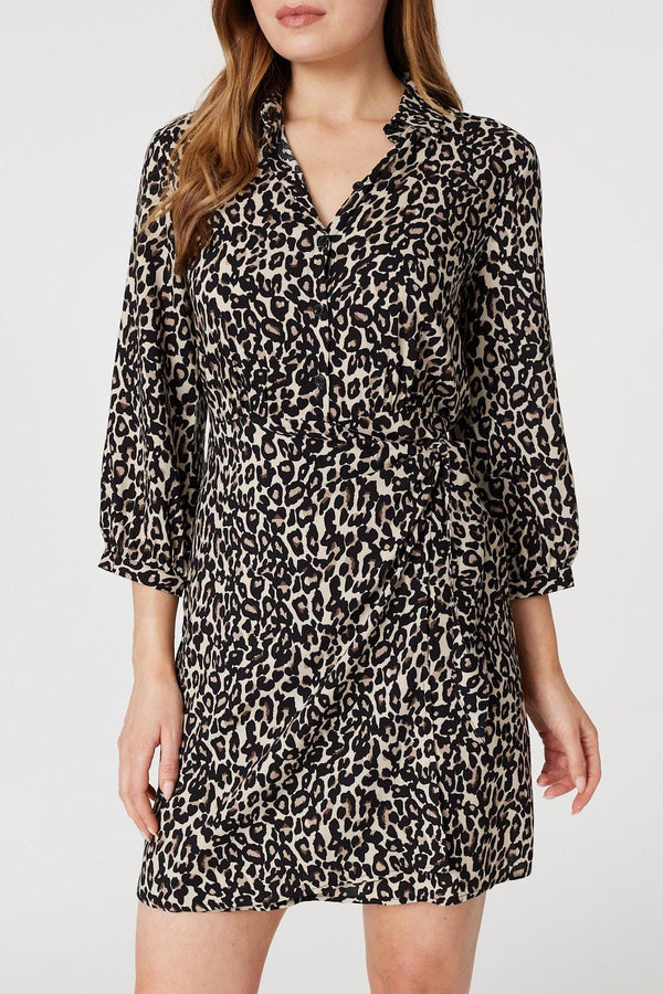 Beige | Leopard Print Wrap Shirt Dress