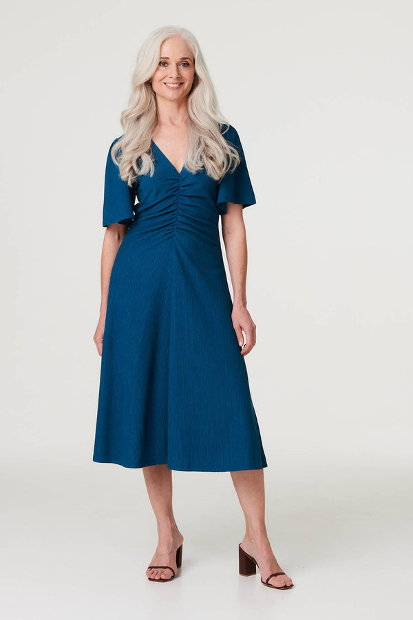 Blue | Plain Ruched Front Midi Dress