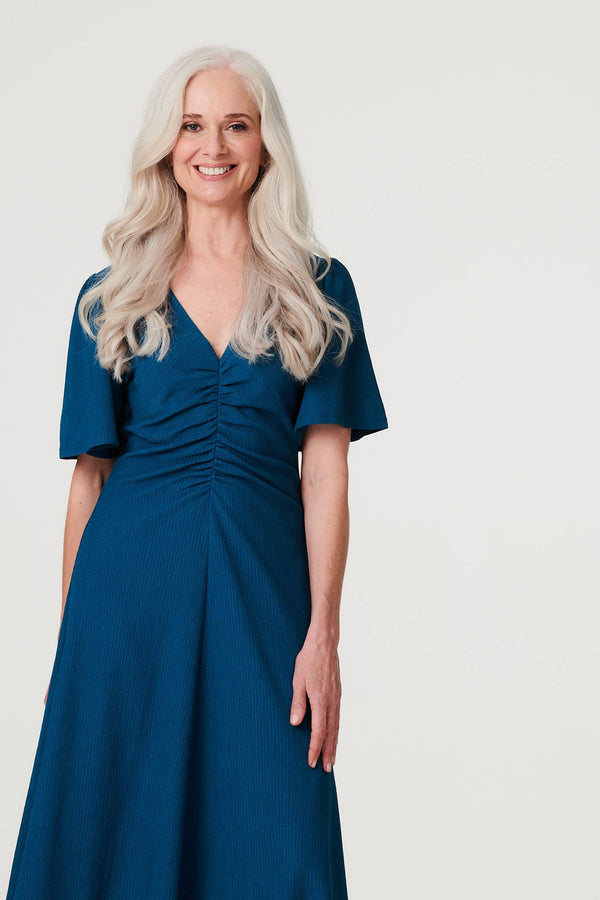 Blue | Plain Ruched Front Midi Dress