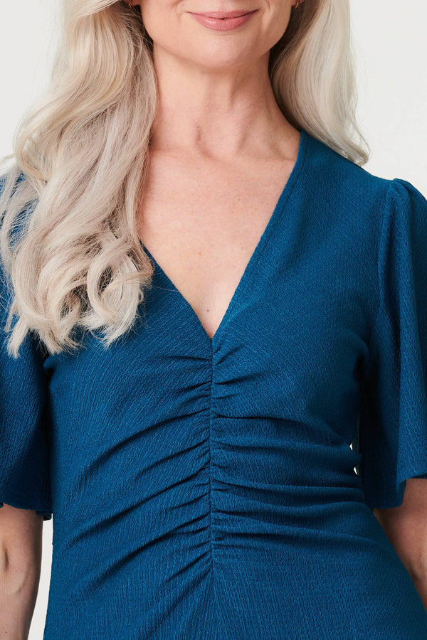 Blue | Plain Ruched Front Midi Dress