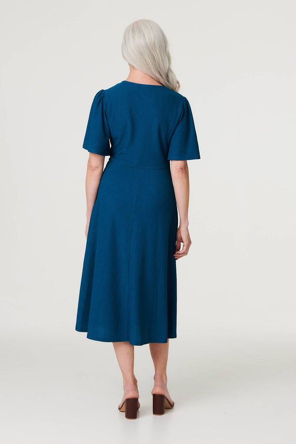 Blue | Plain Ruched Front Midi Dress