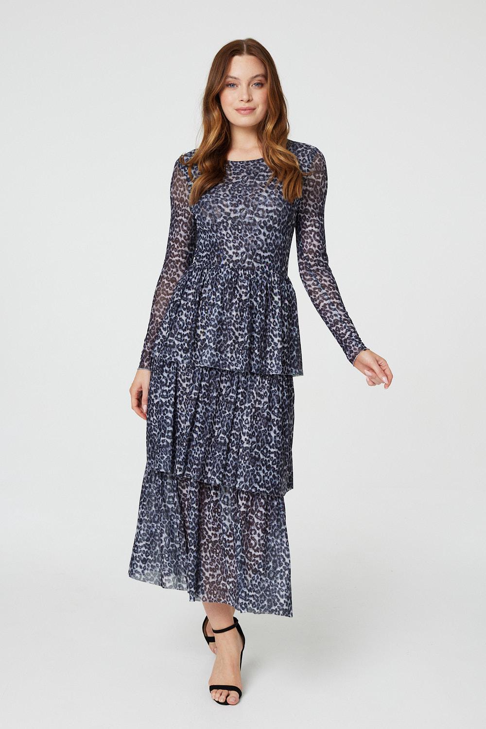 Grey | Animal Print Tiered Midi Dress : Model is 5'9"/175 cm and wears UK8/EU36/US4/AUS8