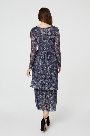 Grey | Animal Print Tiered Midi Dress