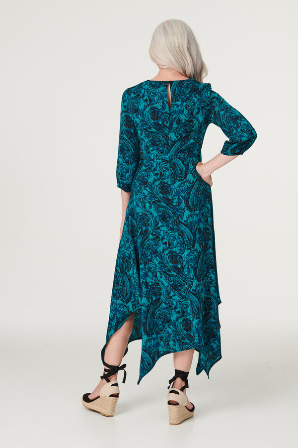 Teal | Paisley Hanky Hem Midi Dress