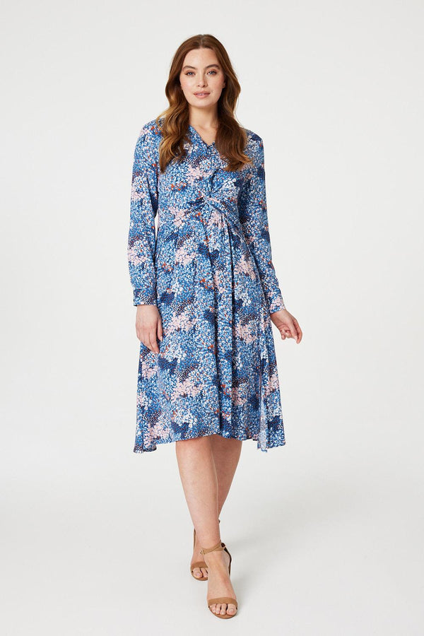 Blue | Printed Twist Front Midi Dress