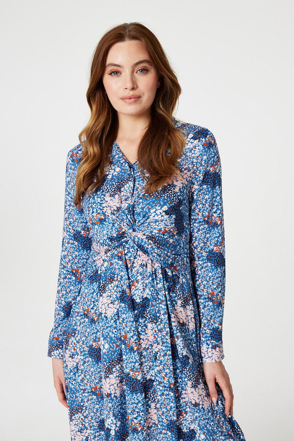 Blue | Printed Twist Front Midi Dress