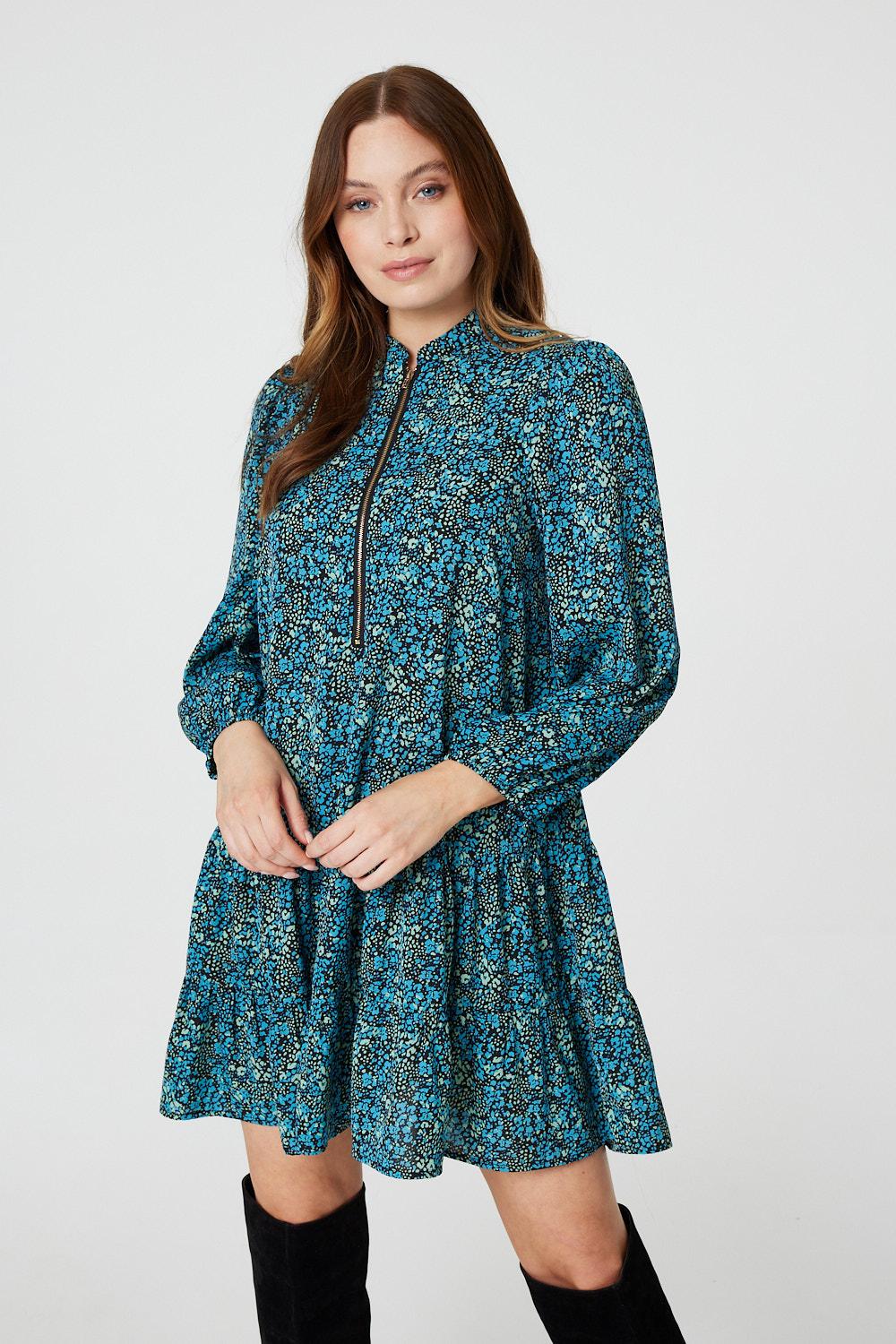 Green | Floral Zip Front Short Dress