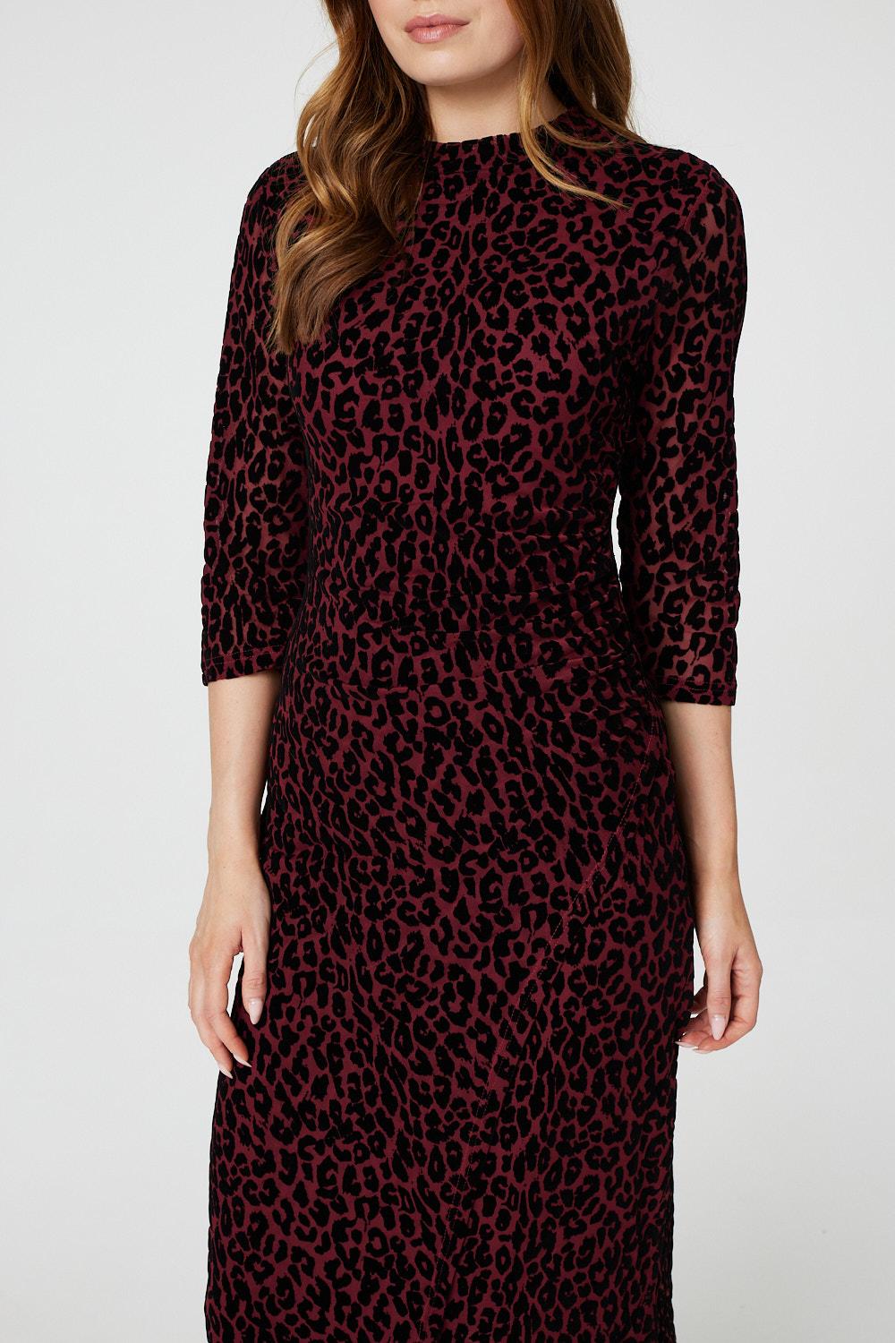Red | Leopard Print Bodycon Midi Dress