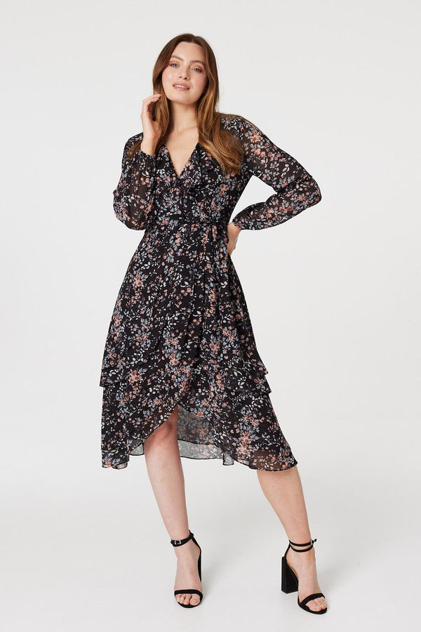 Black | Floral High Low Wrap Midi Dress