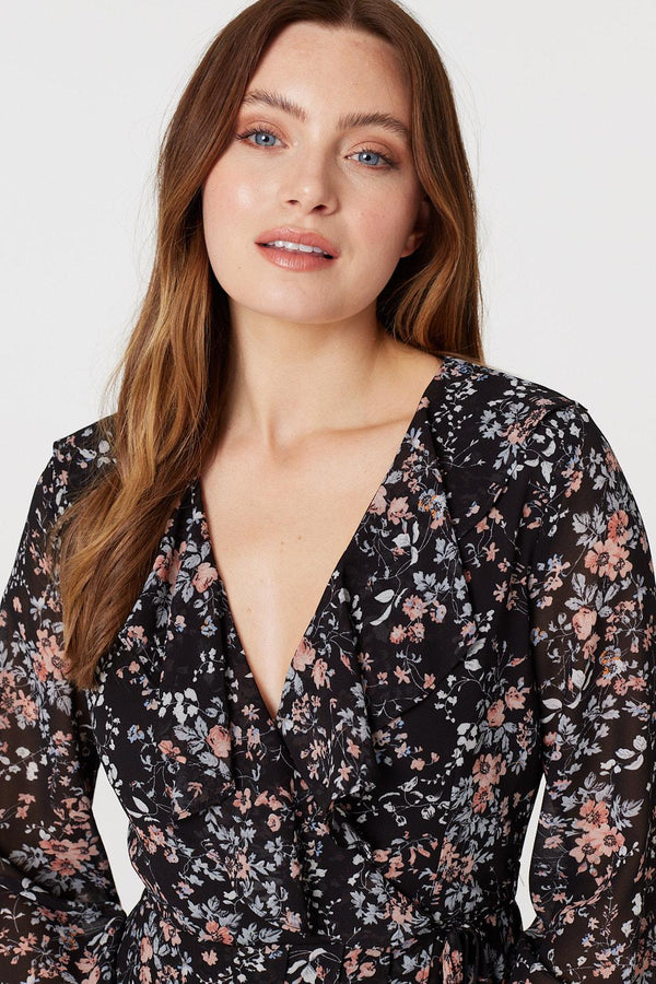 Black | Floral High Low Wrap Midi Dress