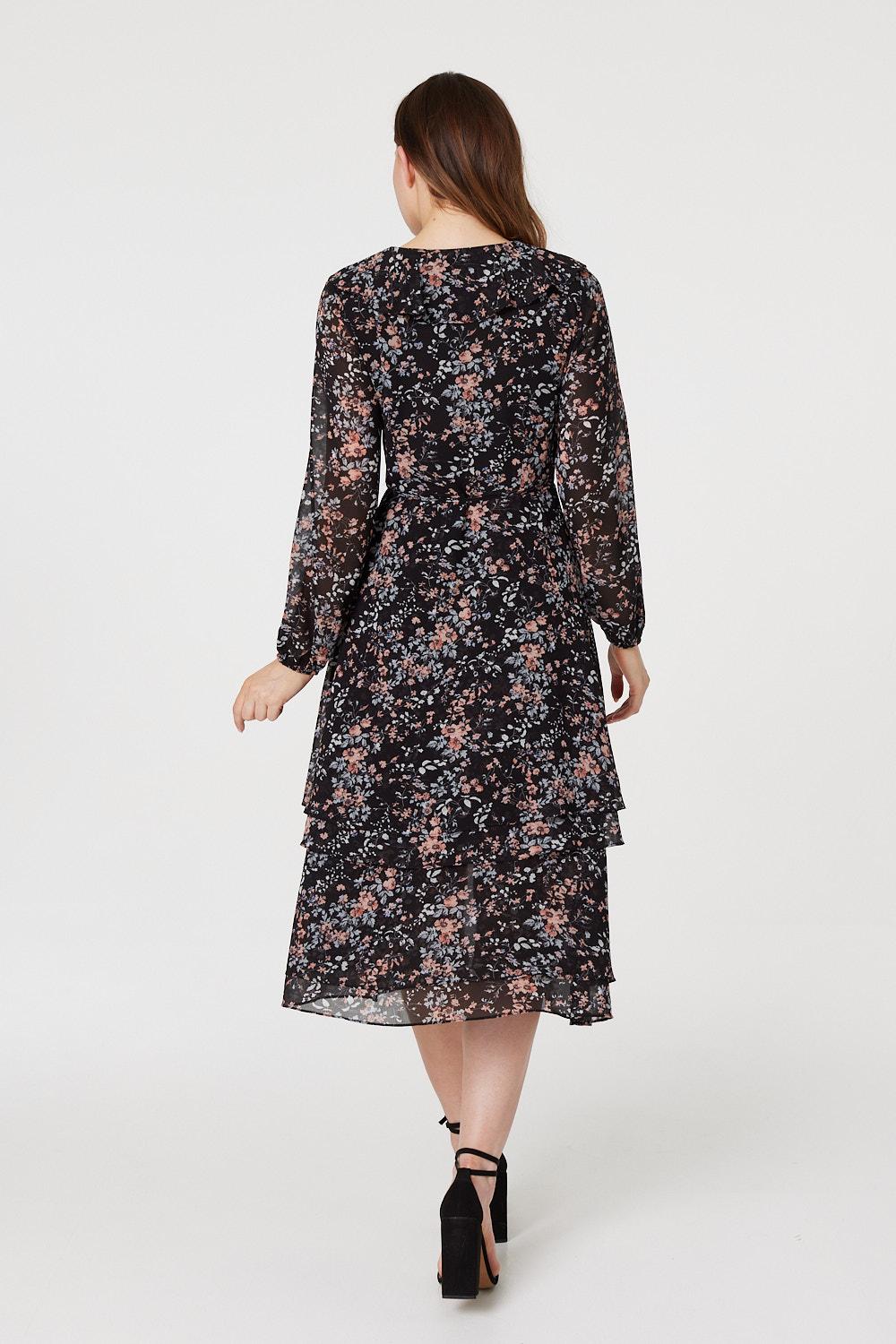 Black | Floral High Low Wrap Midi Dress