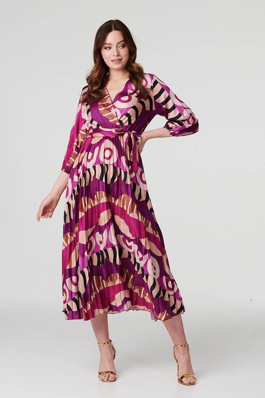 Purple | Ikat Print Wrap Front Satin Midi Dress : Model is 5'9"/175 cm and wears UK8/EU36/US4/AUS8