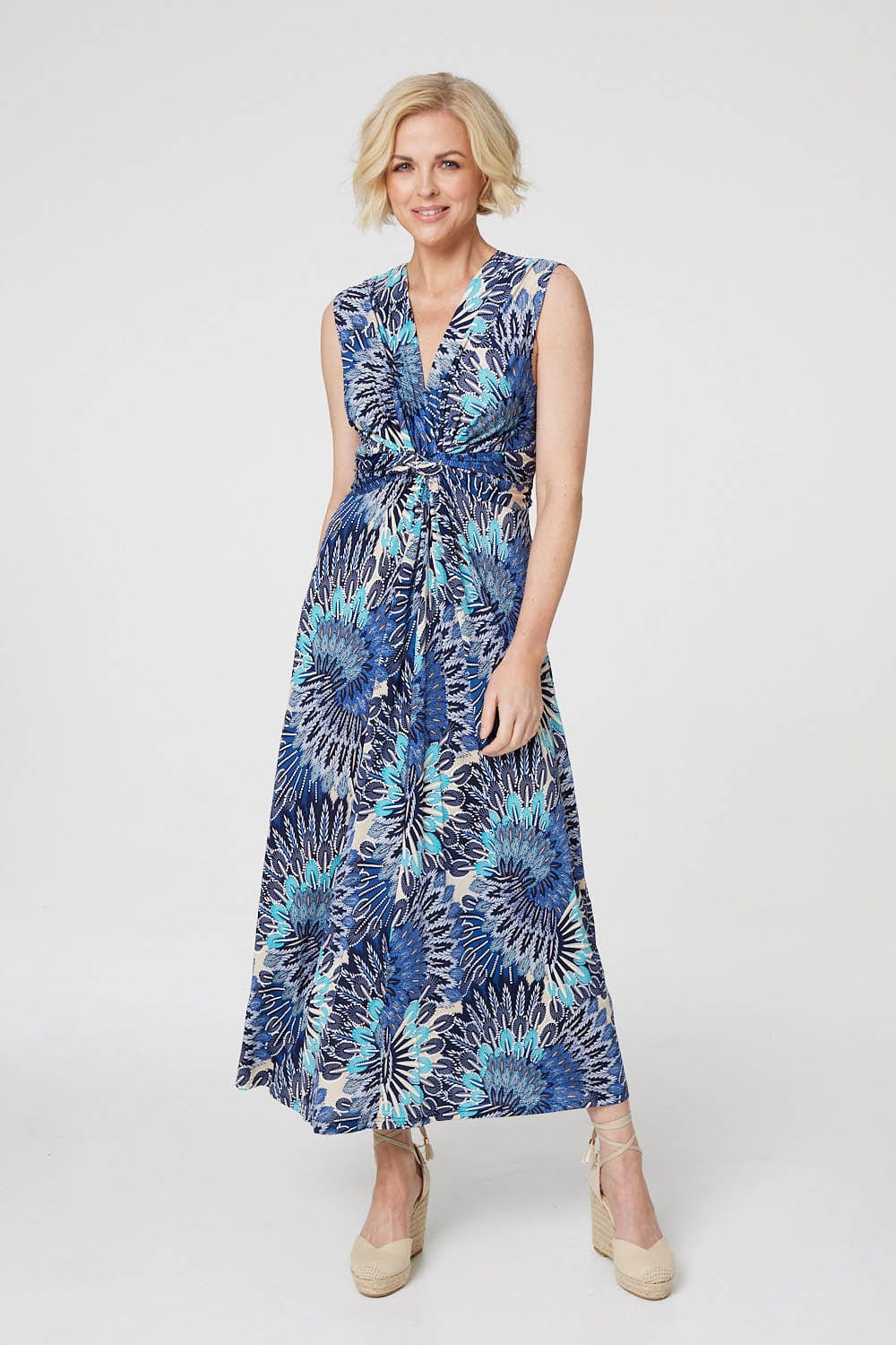 Blue | Peacock Print Jersey Maxi Dress | Izabel London