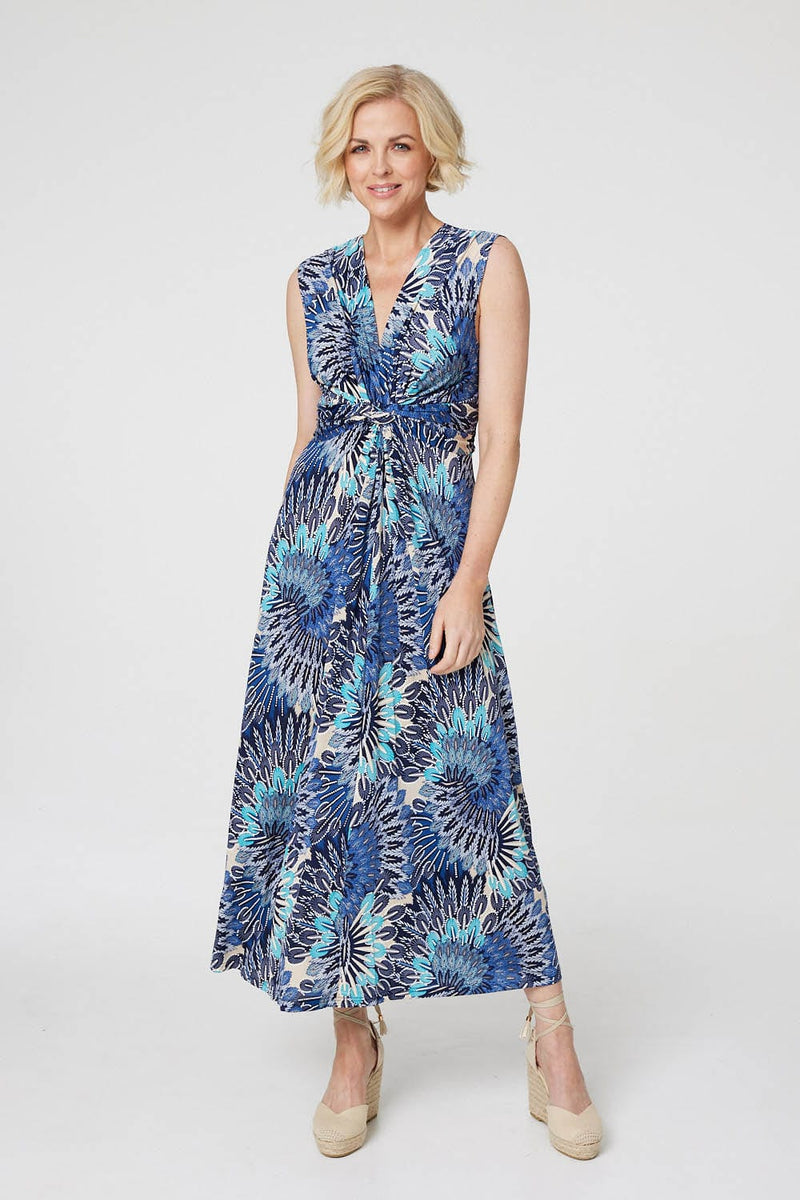 Blue | Peacock Print Jersey Maxi Dress