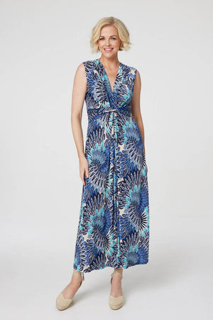 Blue | Peacock Print Jersey Maxi Dress