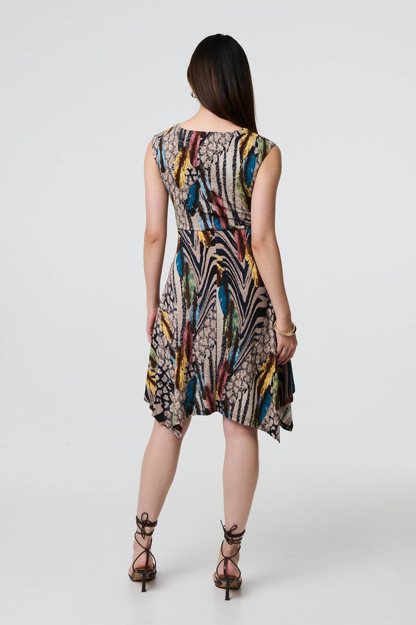 Beige | Animal Print Tie Waist Knee Length Dress

