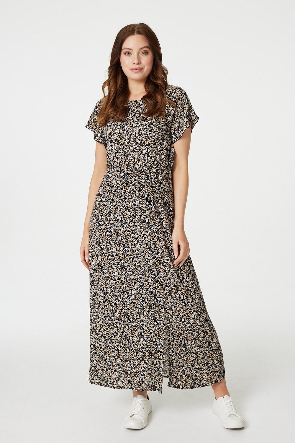 Black | Floral Batwing A-Line Midi Dress