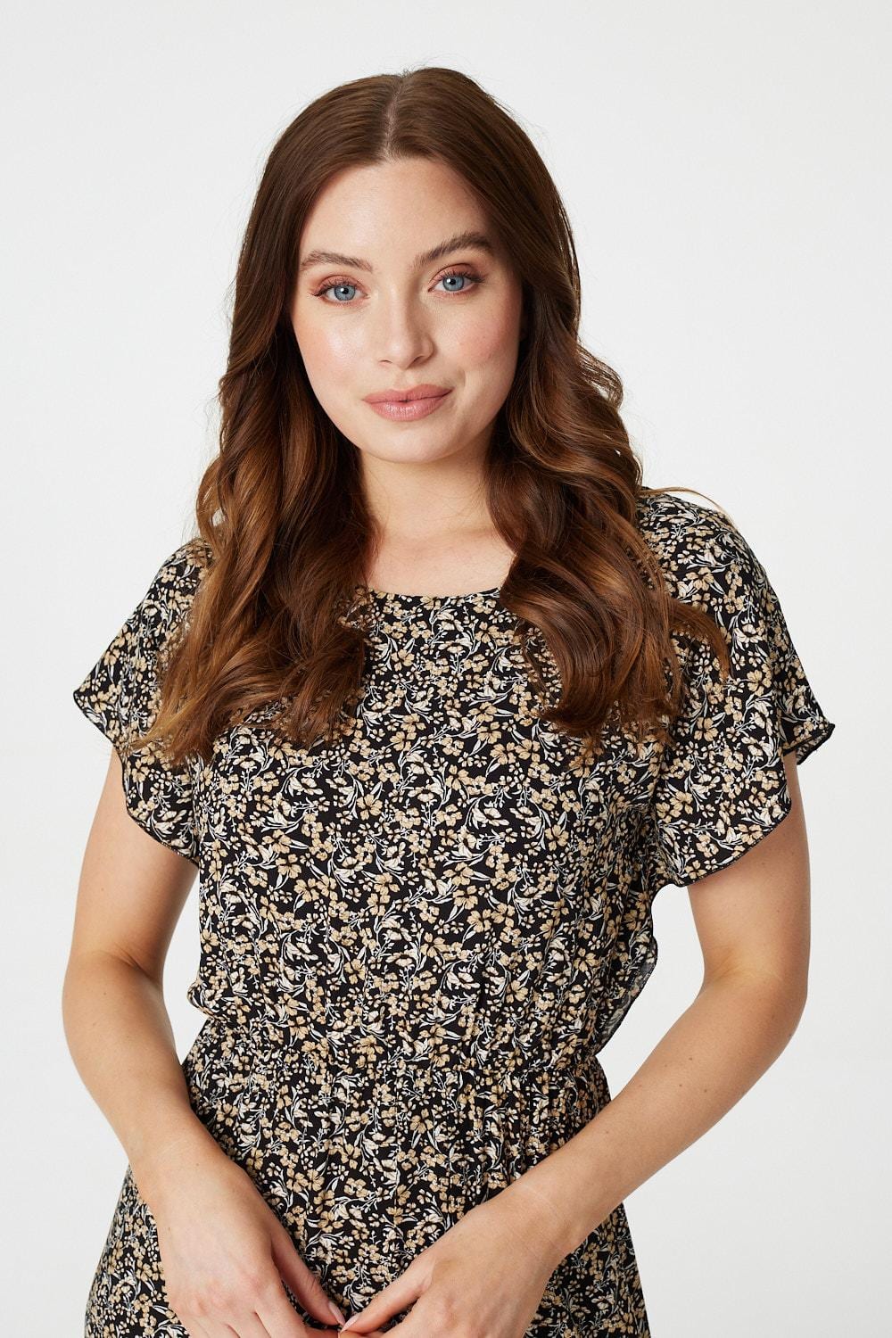 Black | Floral Batwing A-Line Midi Dress