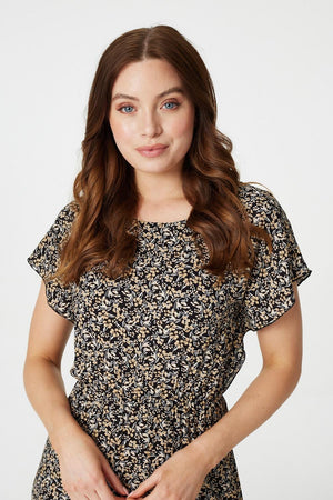 Black | Floral Batwing A-Line Midi Dress