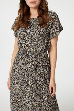 Black | Floral Batwing A-Line Midi Dress