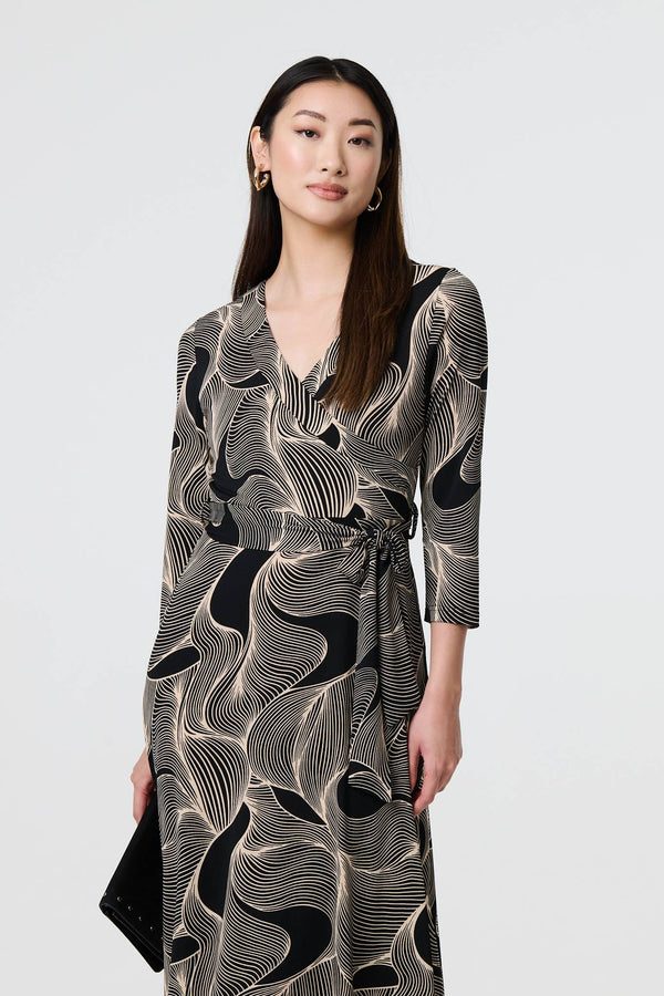 Beige | Abstract 3/4 Sleeve Tie Waist Wrap Maxi Dress
