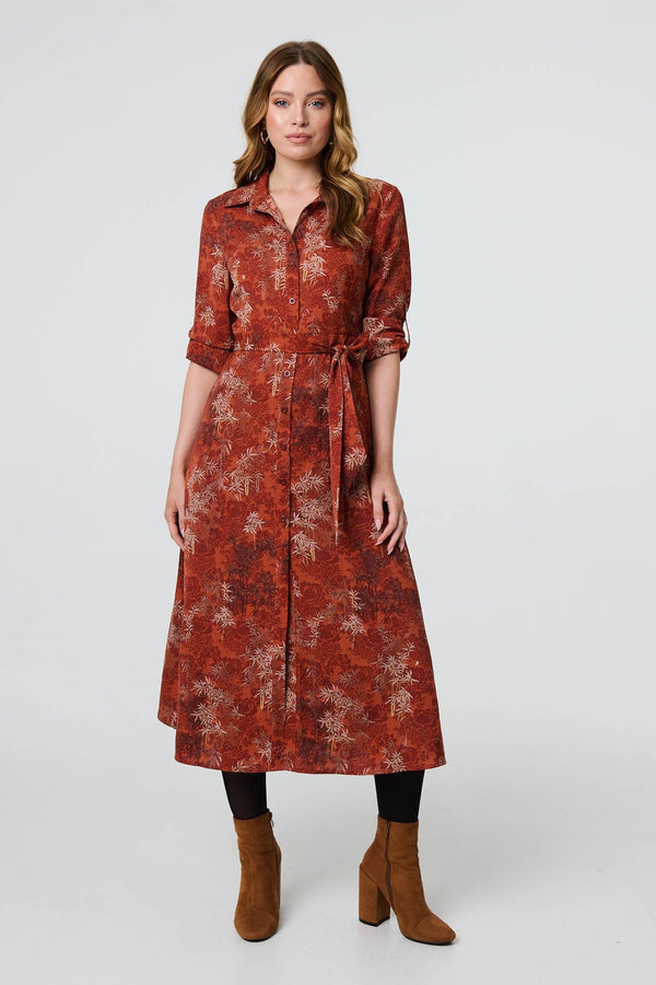 Orange | Leaf Print Tie Waist Midi Shirt Dress
