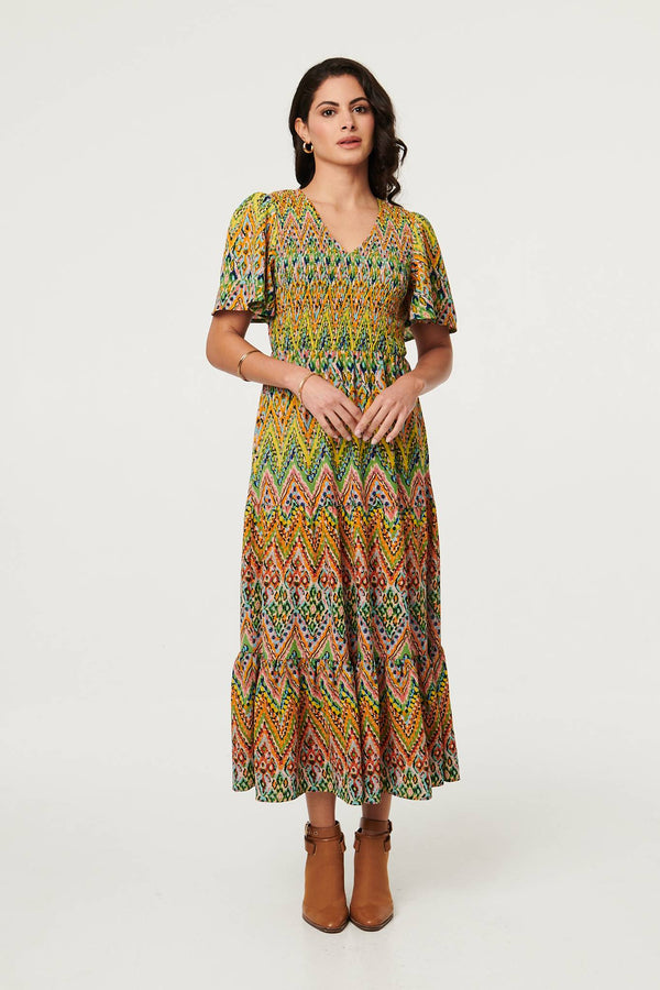Green | Printed Angel Sleeve Tiered Midi Dress