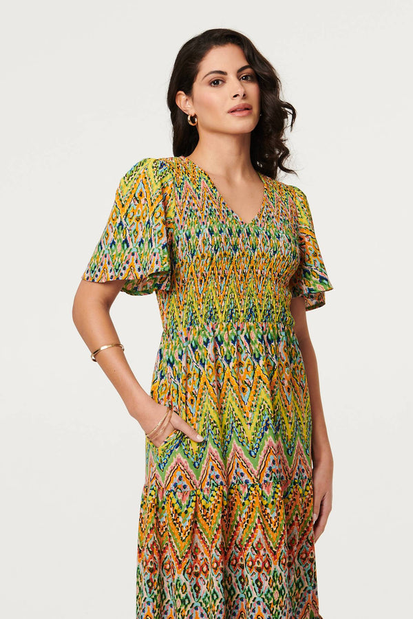 Green | Printed Angel Sleeve Tiered Midi Dress
