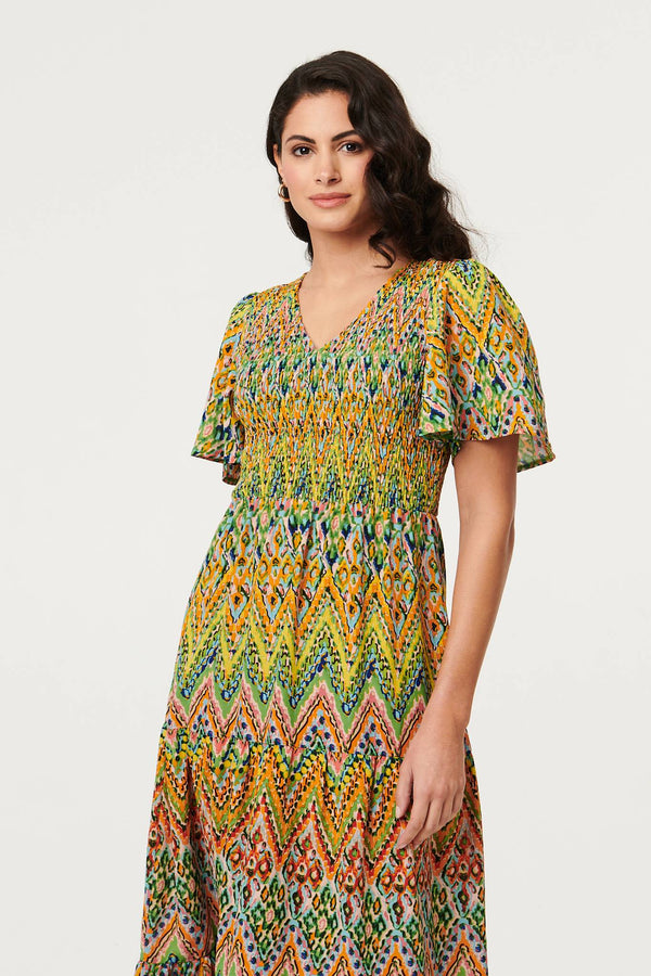 Green | Printed Angel Sleeve Tiered Midi Dress