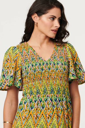 Green | Printed Angel Sleeve Tiered Midi Dress