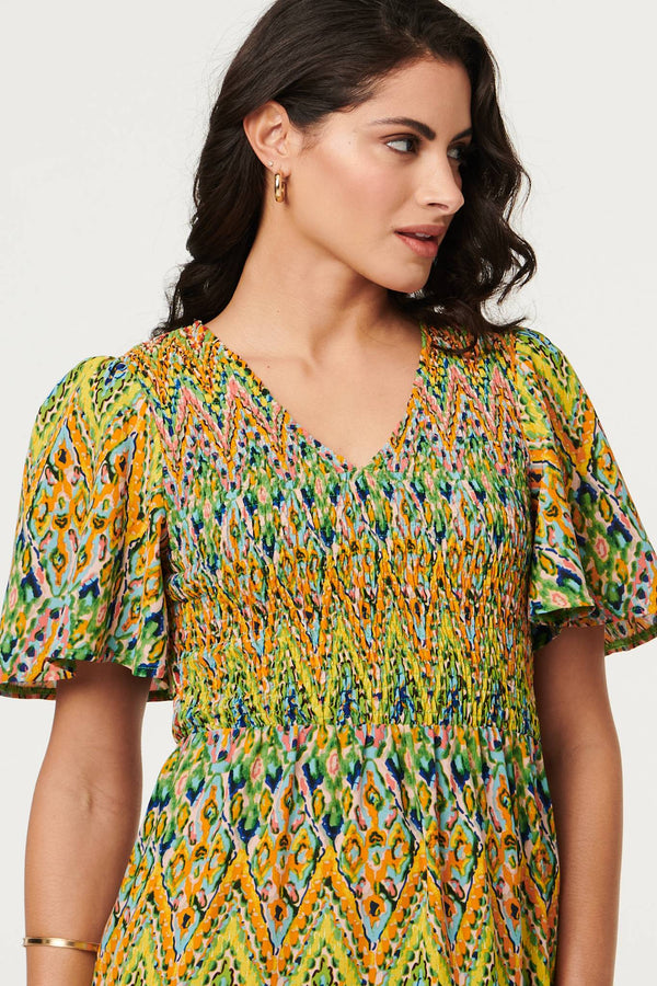 Green | Printed Angel Sleeve Tiered Midi Dress