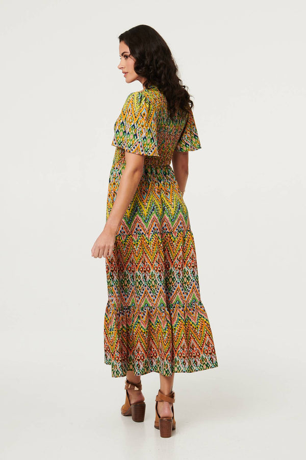 Green | Printed Angel Sleeve Tiered Midi Dress