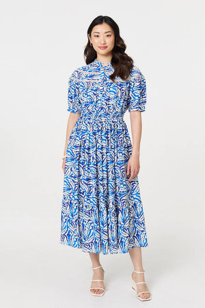 Blue | Leaf Print 1/2 Sleeve Midi Shirt Dress
