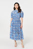 Blue | Leaf Print 1/2 Sleeve Midi Shirt Dress
