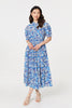Blue | Leaf Print 1/2 Sleeve Midi Shirt Dress
