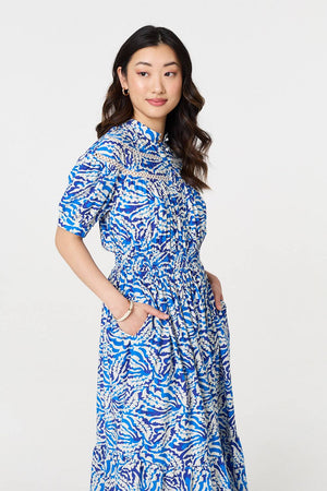 Blue | Leaf Print 1/2 Sleeve Midi Shirt Dress
