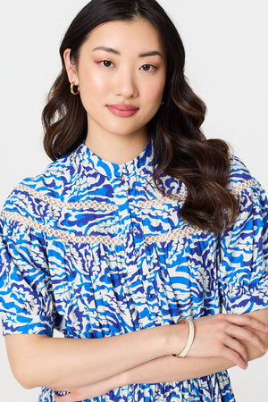 Blue | Leaf Print 1/2 Sleeve Midi Shirt Dress
