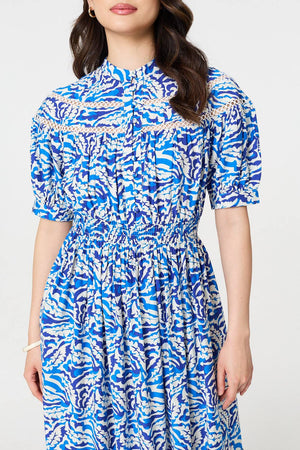 Blue | Leaf Print 1/2 Sleeve Midi Shirt Dress
