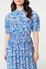 Blue | Leaf Print 1/2 Sleeve Midi Shirt Dress
