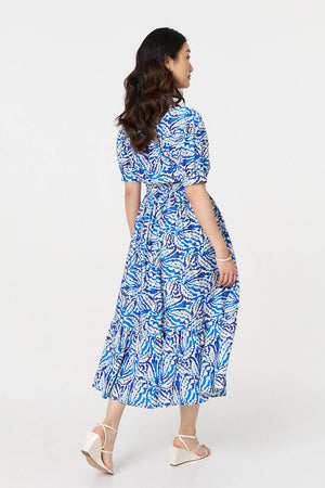 Blue | Leaf Print 1/2 Sleeve Midi Shirt Dress
