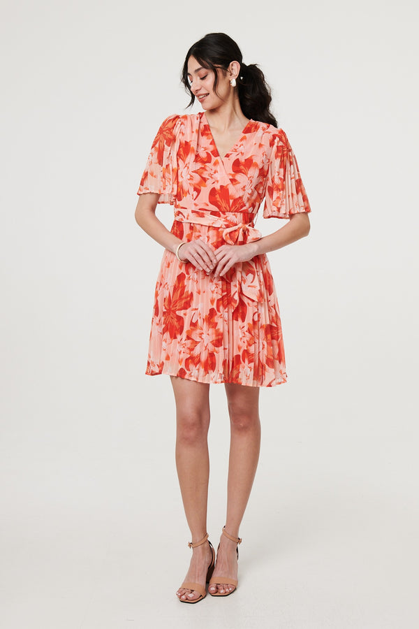 Orange | Floral Pleated Angel Sleeve Mini Dress
