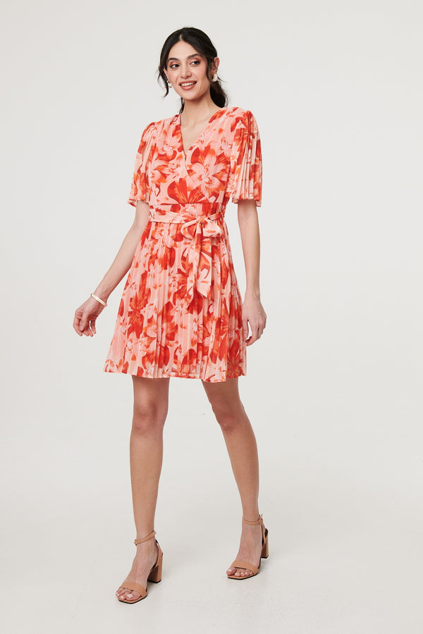 Orange | Floral Pleated Angel Sleeve Mini Dress
