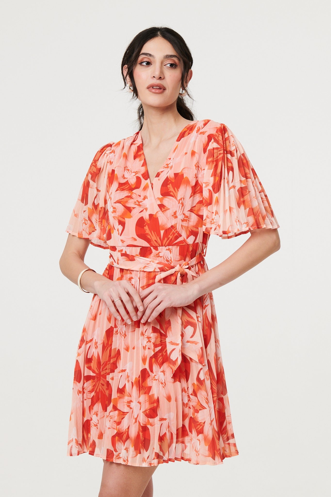 Orange Cami Angel Sleeve Faux Wrap Dress White Floral Pleated